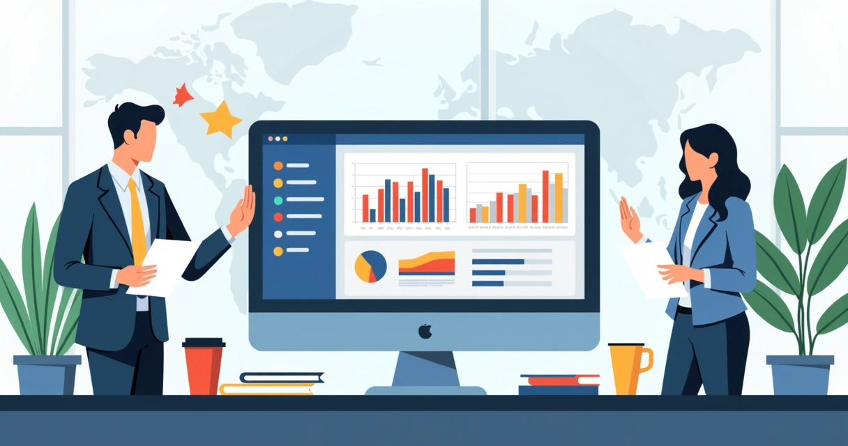 Monitor exibindo gráficos de engajamento e equipe política analisando resultados