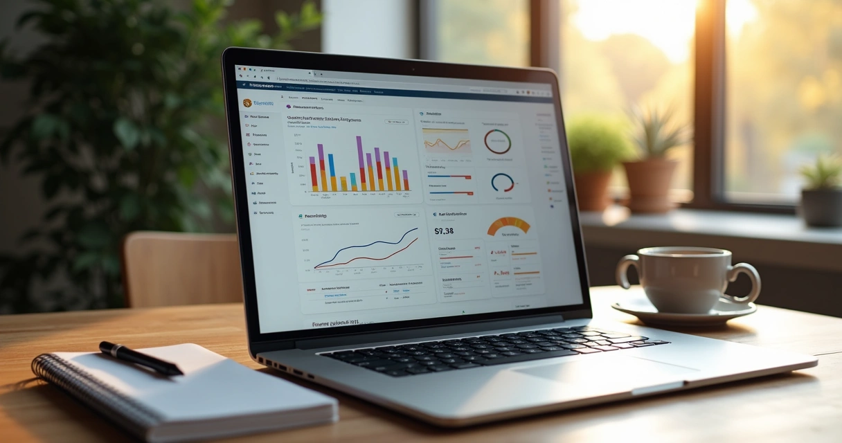 Tela de monitoramento de métricas em notebook com gráficos coloridos 