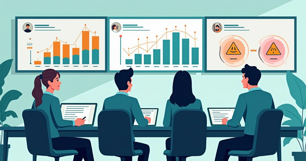 Equipe de pessoas observando grandes telas exibindo gráficos e menções em redes sociais, sinalizando atividade incomum. 