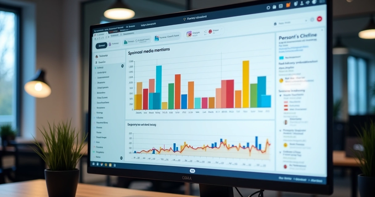 Dashboard de monitoramento de mídia espontânea exibindo gráficos coloridos de menções em reportagens, blogs e redes sociais 