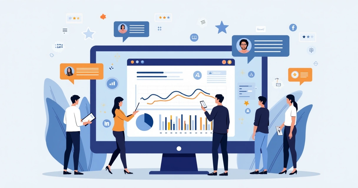 Dashboard mostrando gráficos de reputação digital com redes sociais ao fundo