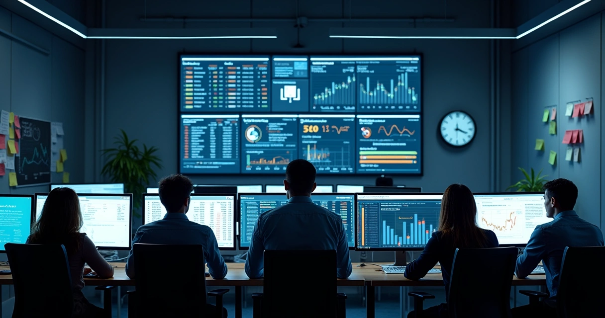 Telas exibindo monitoramento de modelos IA com alertas e gráficos 