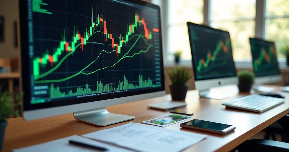Tela de computador com gráficos de moedas em movimento 