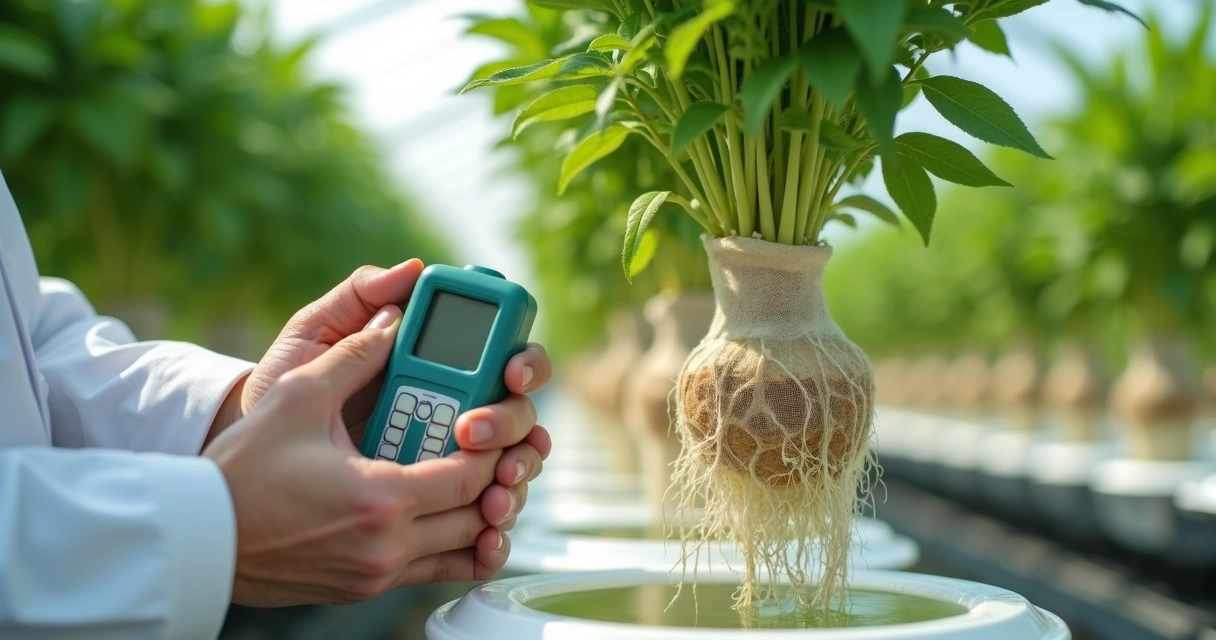 Pessoa verificando pH e raízes de moringa na hidroponia 