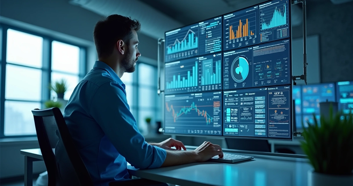 Profissional observando gráficos normativos industriais em tela 