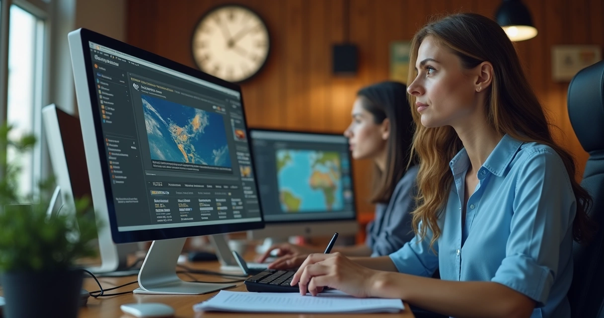 Equipe de agência de viagens monitorando notícias em computadores 