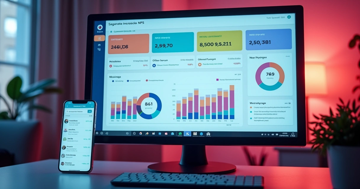 Dashboard de NPS mostrando diferentes segmentos em gráficos coloridos