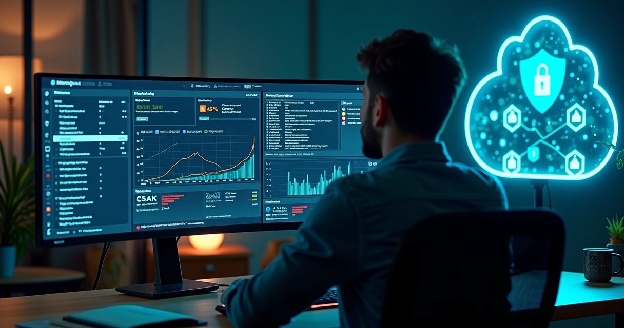Profissional analisa dashboard de monitoramento em nuvem com gráficos e alertas em tela ampla 