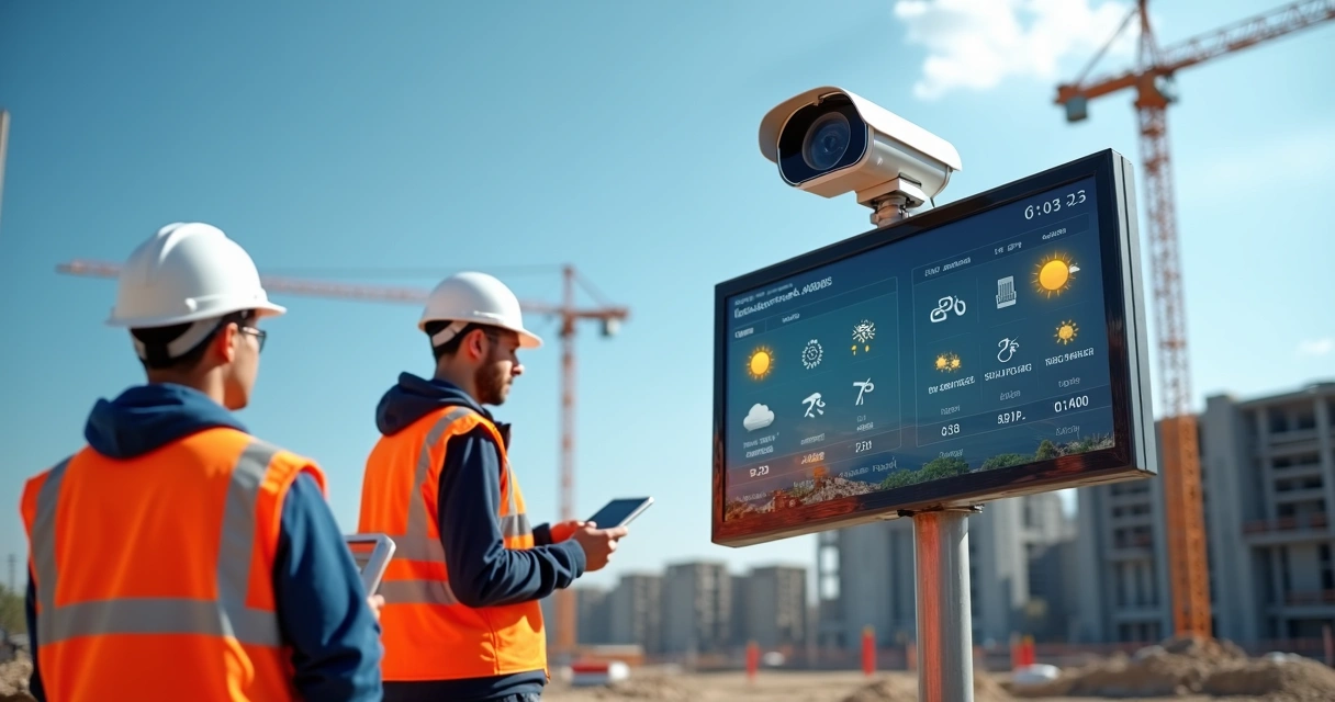 Canteiro de obras sendo monitorado por câmera, tela com previsão do tempo 