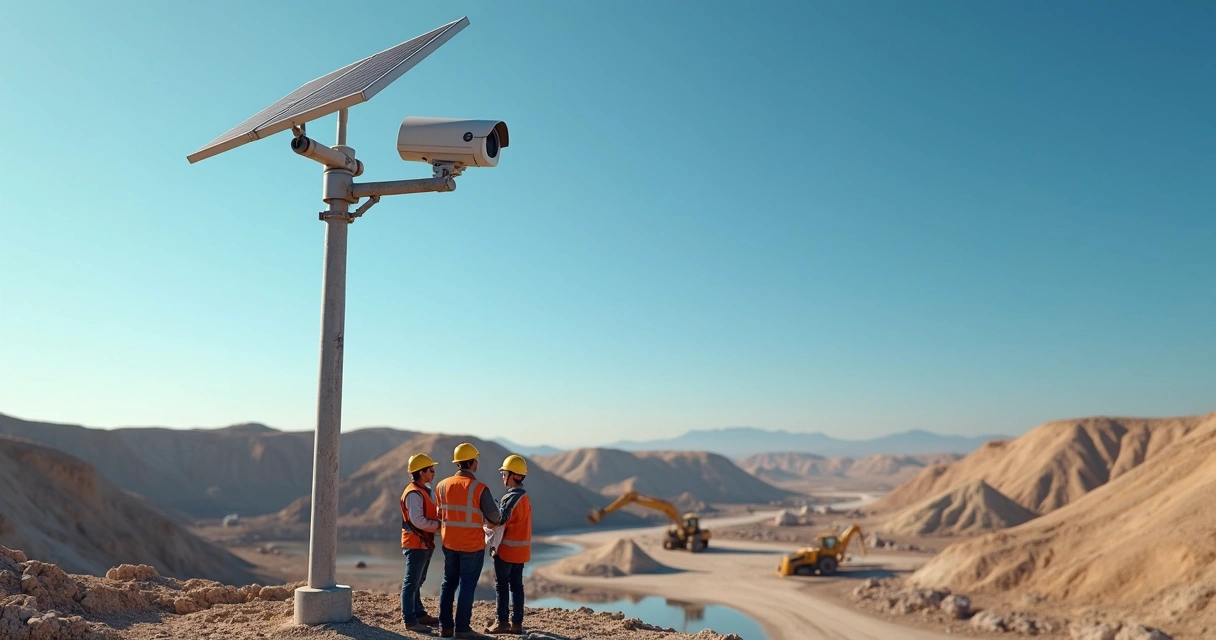 Obra sendo monitorada por câmera PTZ 4K com equipe de engenheiros 