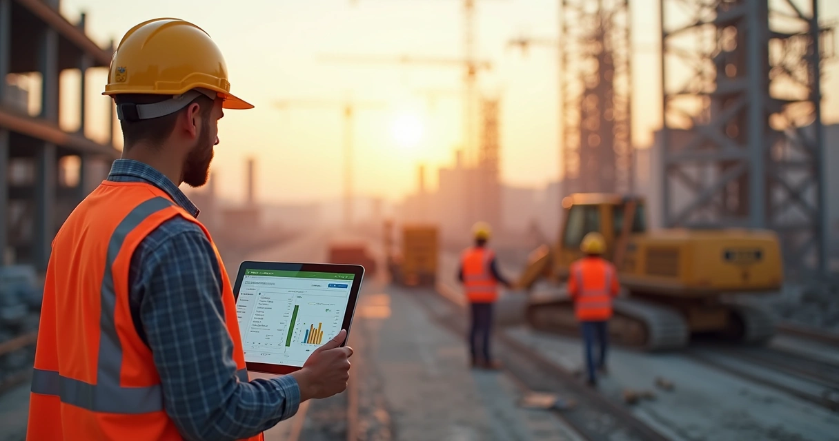 Engenheiro monitorando progresso da obra em tablet