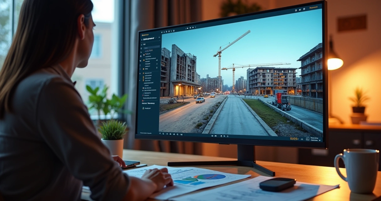 Tela de computador mostrando imagens ao vivo de obra