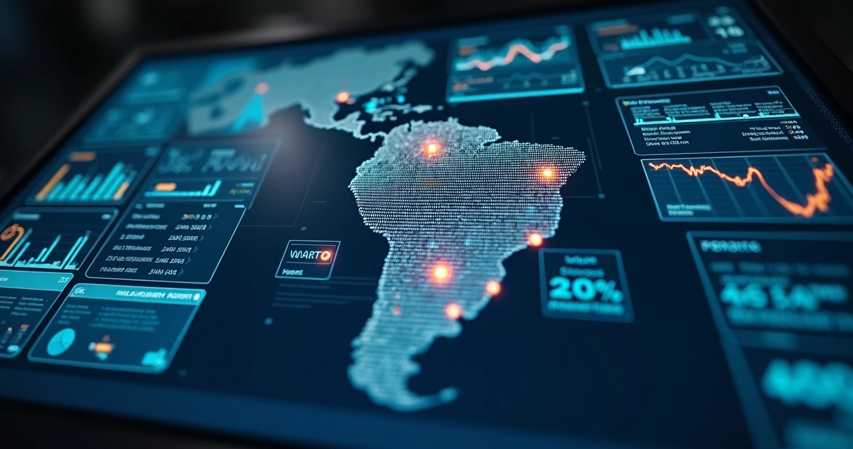 Painel digital com mapa do Brasil mostrando pontos de obras, gráficos e dados em destaque