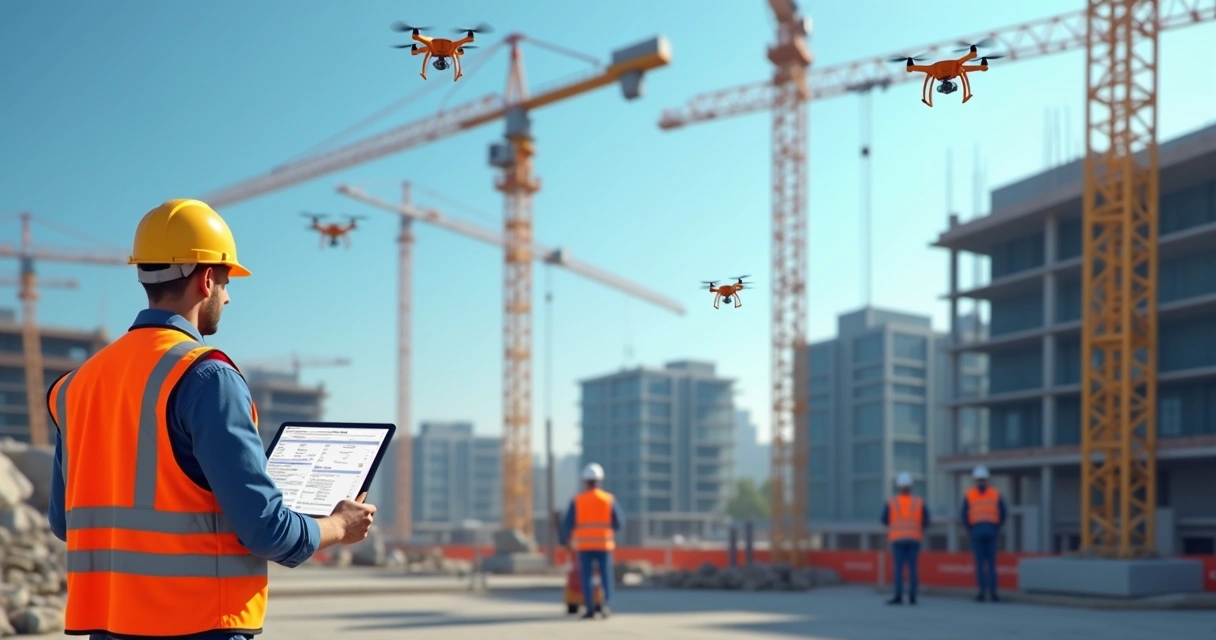 Drones e sensores monitorando obra pública em canteiro 