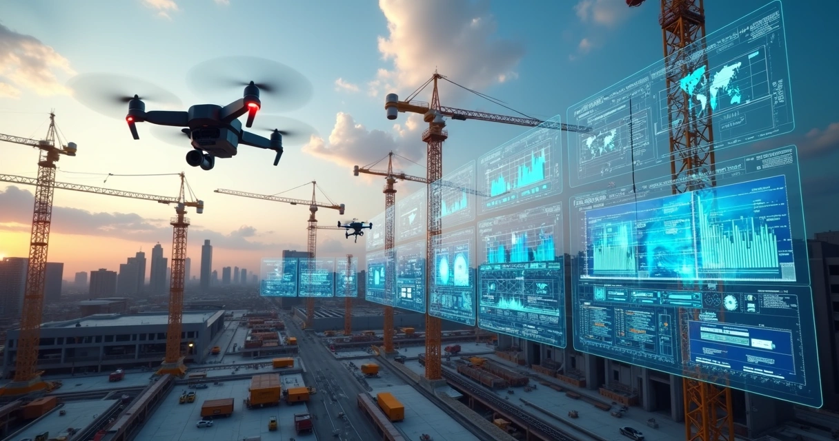 Obras públicas em construção com drones e telas digitais mostrando dados e gráficos de monitoramento por inteligência artificial 