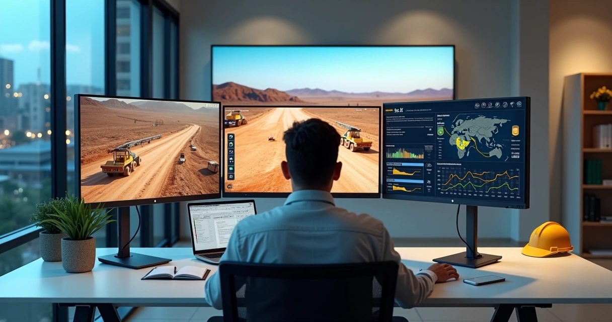 Gestor acompanhando obra remota em monitores com imagens e mapas 
