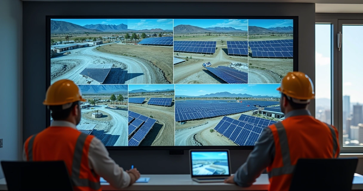 Painel digital com imagens de câmeras em obra