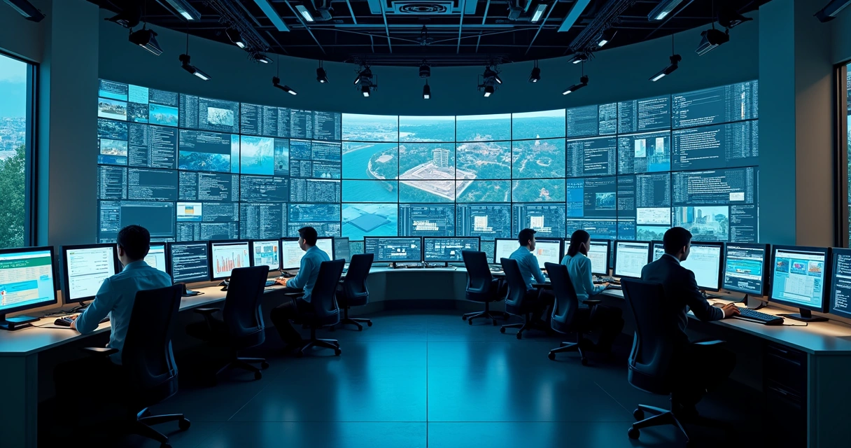Sala de monitoramento com profissionais acompanhando lances em disputa de licitação pública 