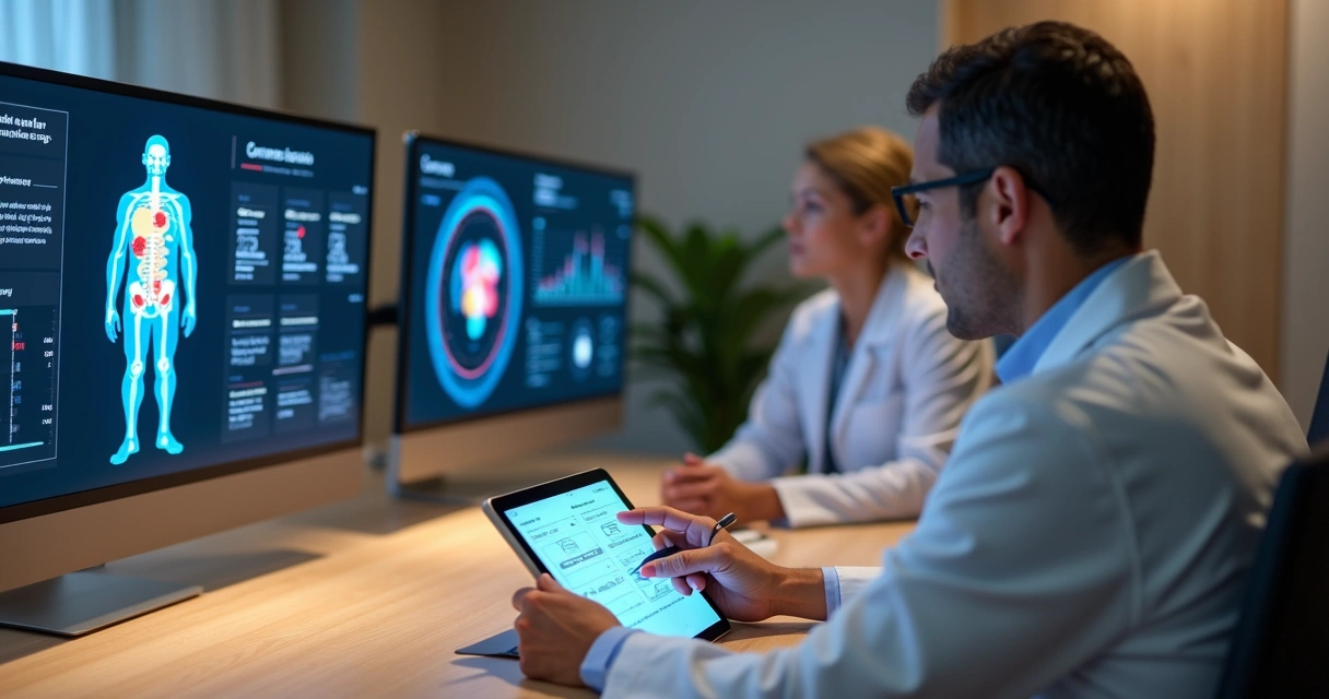 Oncologista explica exames modernos de câncer com telas digitais ao fundo 