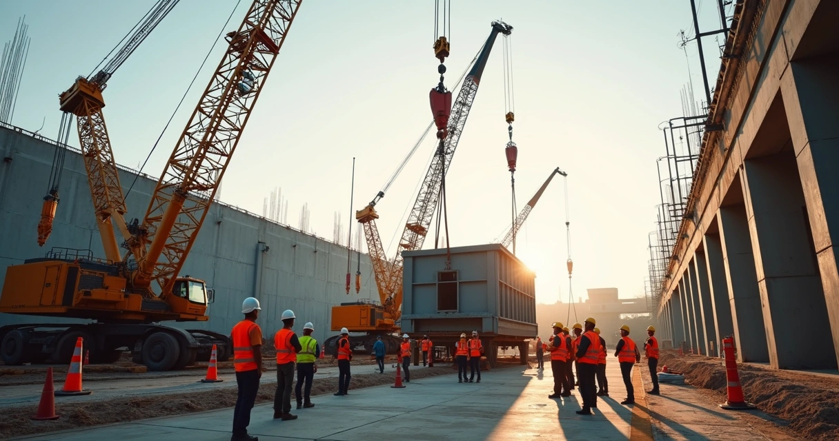 Equipe acompanhando operação de içamento no canteiro de obras 