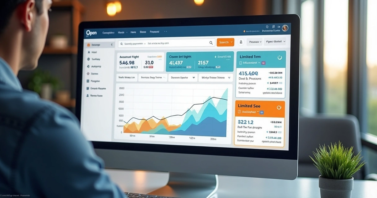 Tela de computador exibindo gráficos e ofertas de voos. 