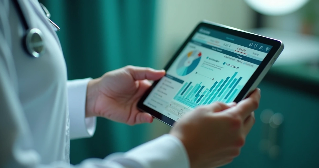 Nutricionista analisando adesão e sintomas do paciente em painel digital 