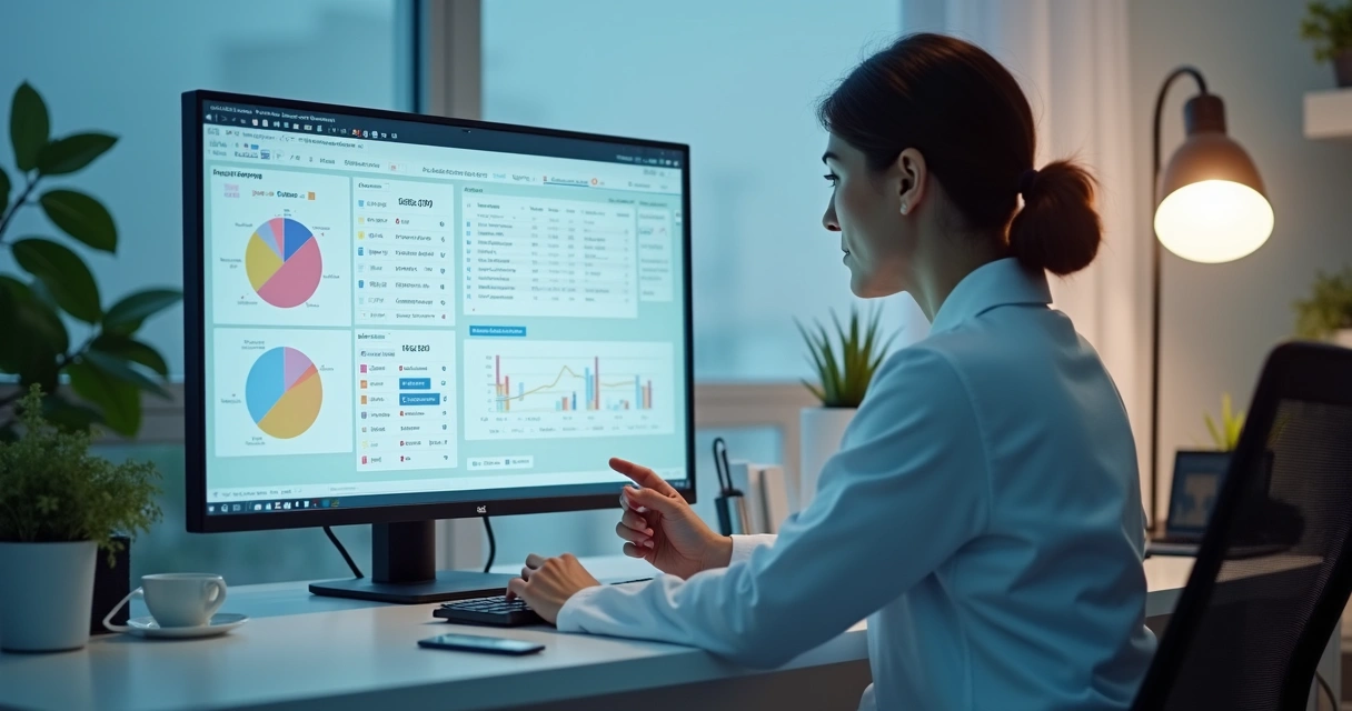 Nutricionista analisando gráficos emocionais em tela de computador clínico