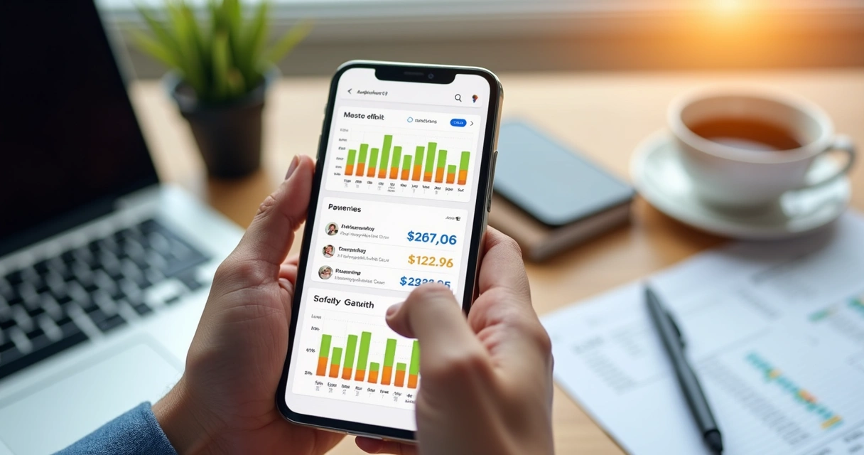 Tela de celular mostrando controle de pagamentos automáticos em aplicativo bancário, com gráficos e alertas visíveis 