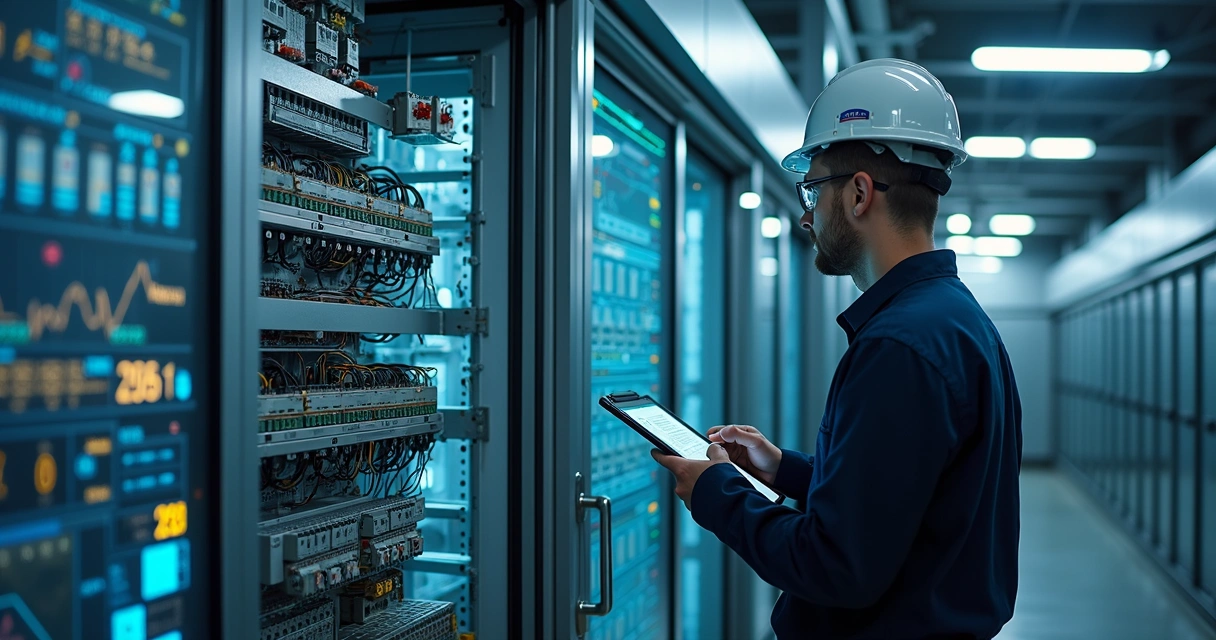 Técnico analisando painel digital de automação 