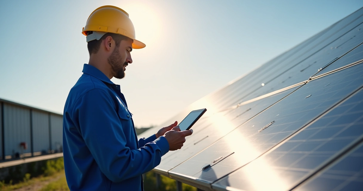 Técnico analisando painel solar com tablet