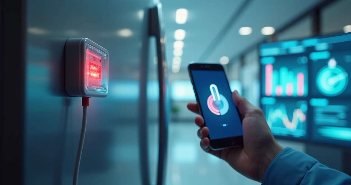 Sensor de temperatura em refrigerador hospitalar com dashboard digital ao fundo 