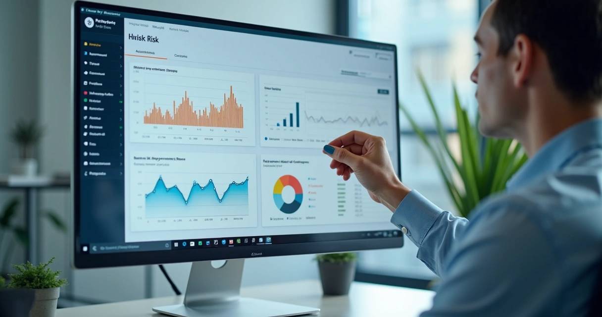 Dashboard digital com gráficos e parâmetros de risco sendo monitorados em tempo real.