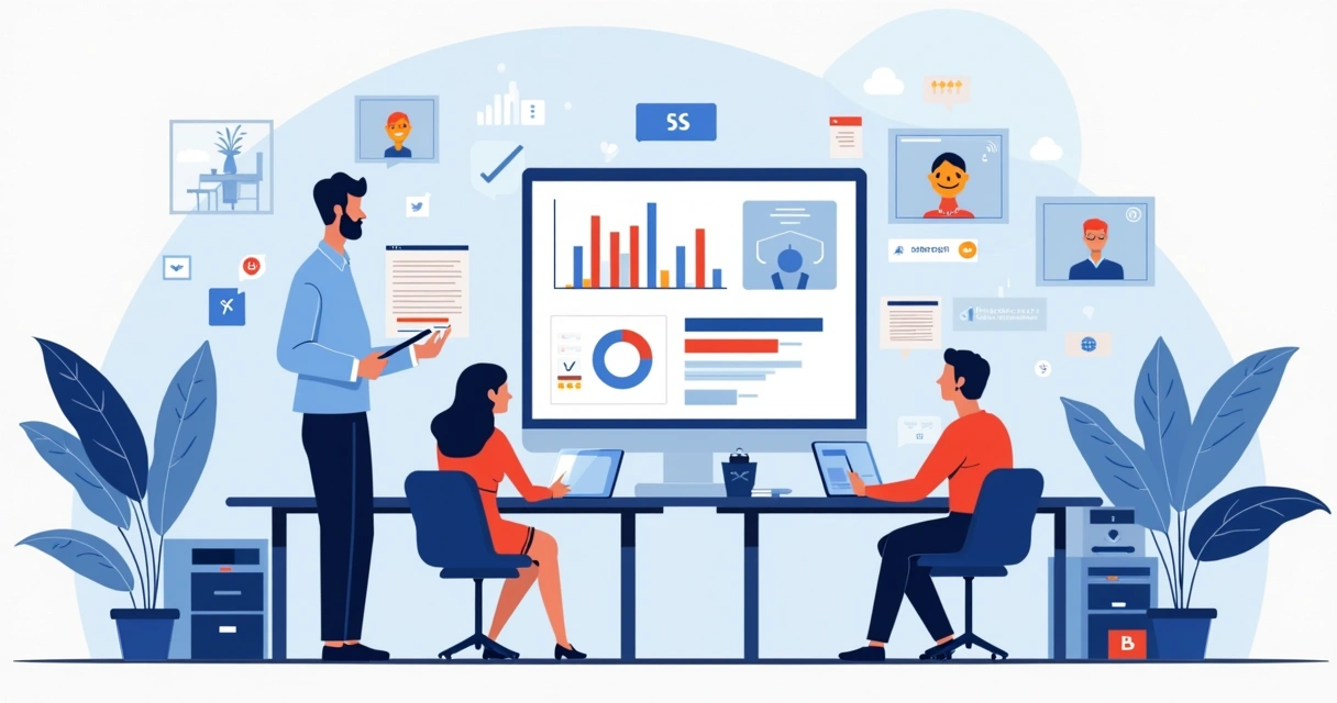 Ilustração corporativa mostrando análise digital de parcerias com influenciadores em telas com gráficos e alertas de risco 