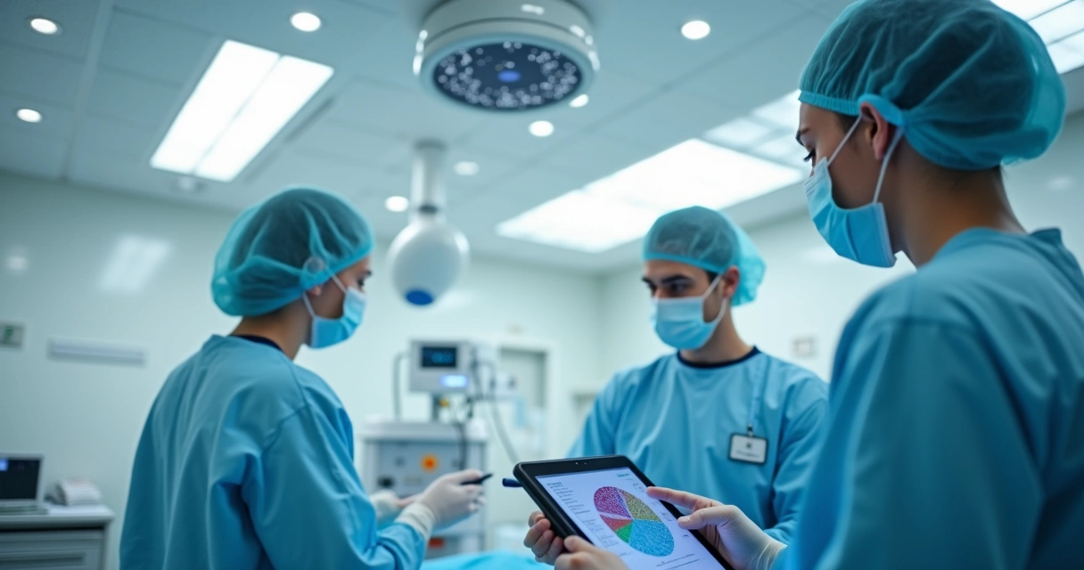 Sensor de partículas instalado em teto de sala hospitalar, com profissionais analisando dados em tablet. 