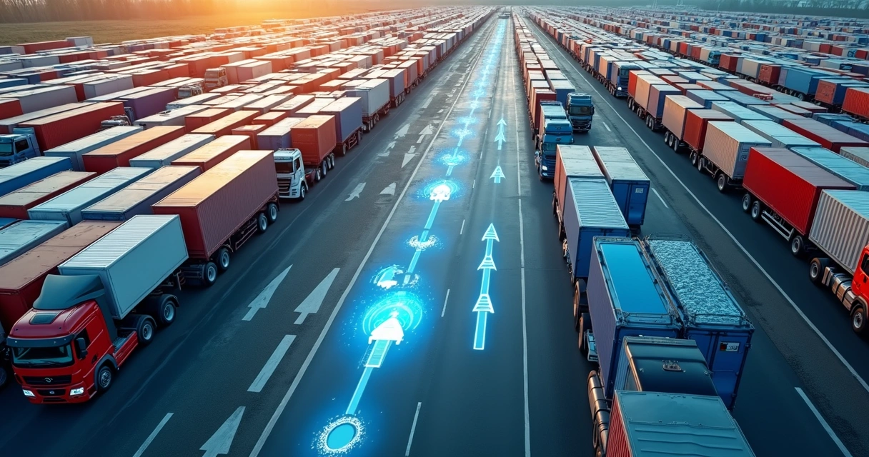 Vista aérea de um pátio de veículos monitorado por sistema digital 