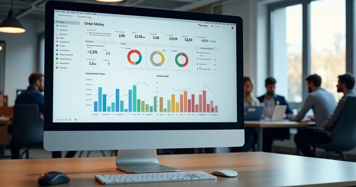 Monitor mostrando painel de monitoramento de pedidos gráficos com status de produção