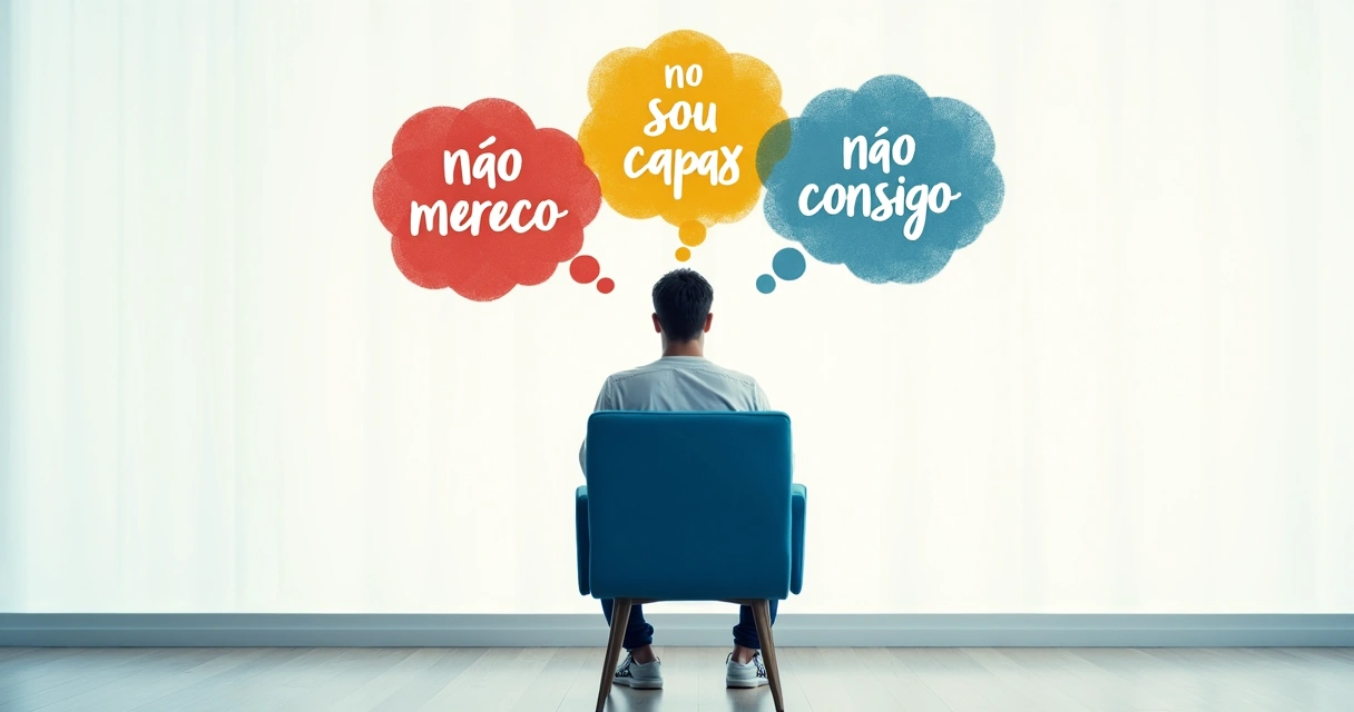 Pessoa sentada em cadeira olhando para cima, cercada por pensamentos representados por balões coloridos