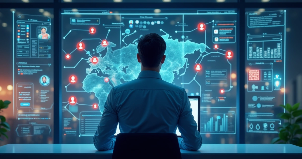 Visão de dashboard digital mostrando dados e conexões entre pessoas politicamente expostas