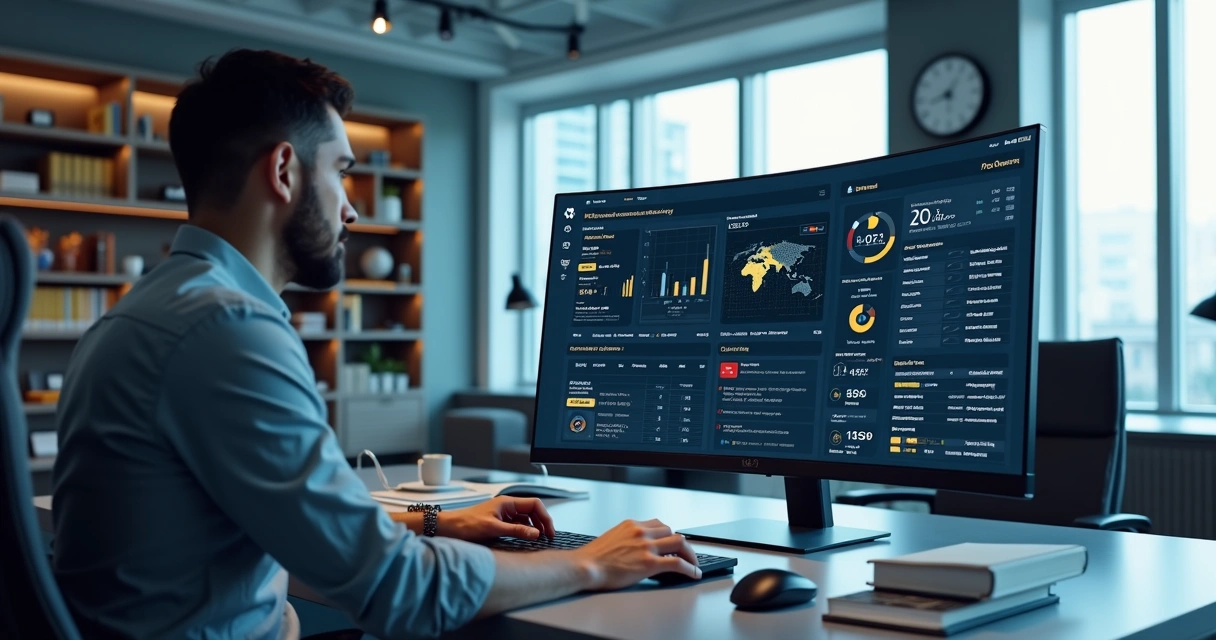 Tela de computador mostrando software de monitoramento de PEP com gráficos e alertas detalhados 