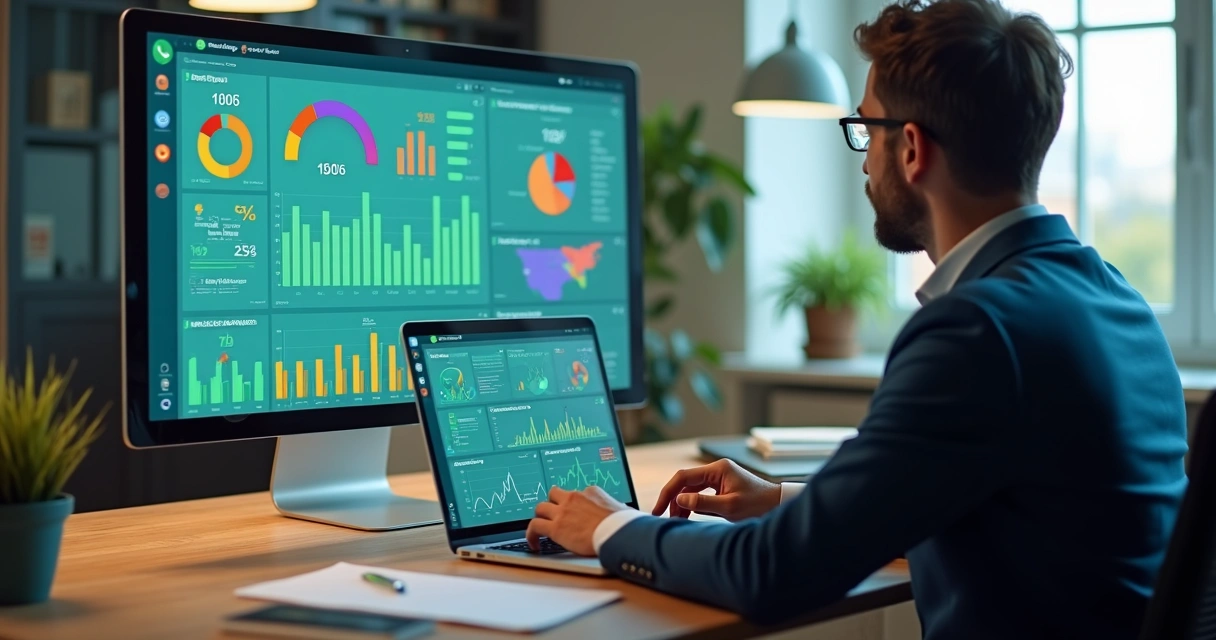 Dashboard de desempenho de grupos do WhatsApp em um notebook com gráficos coloridos. 