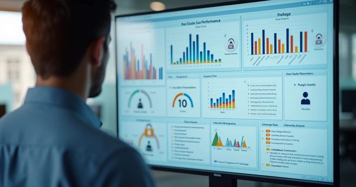 Painel digital mostrando desempenho comercial de corretores na imobiliária ao lado de gráficos e alertas de segurança. 