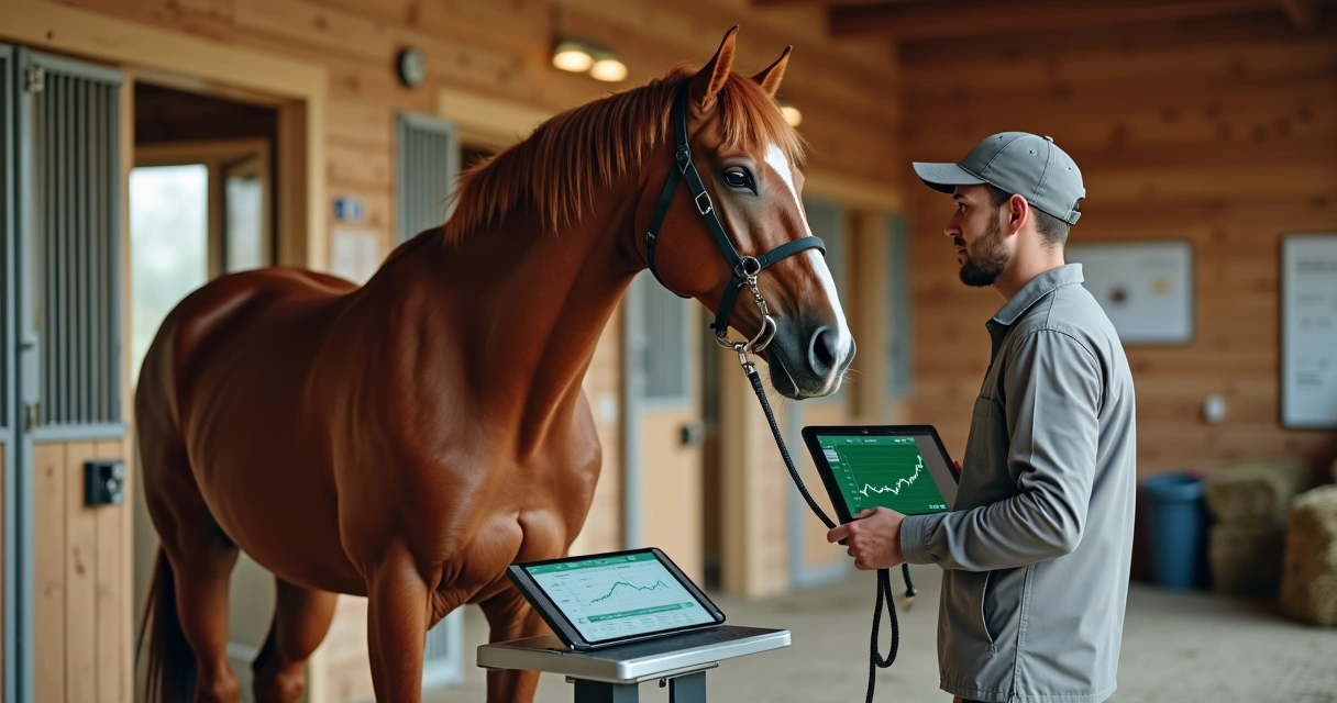 Veterinário pesando cavalo em balança em haras organizado 