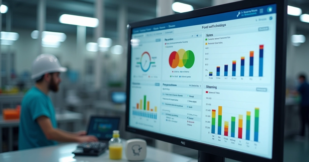 Tela de software de gestão de segurança alimentar com gráficos e alertas de monitoramento 