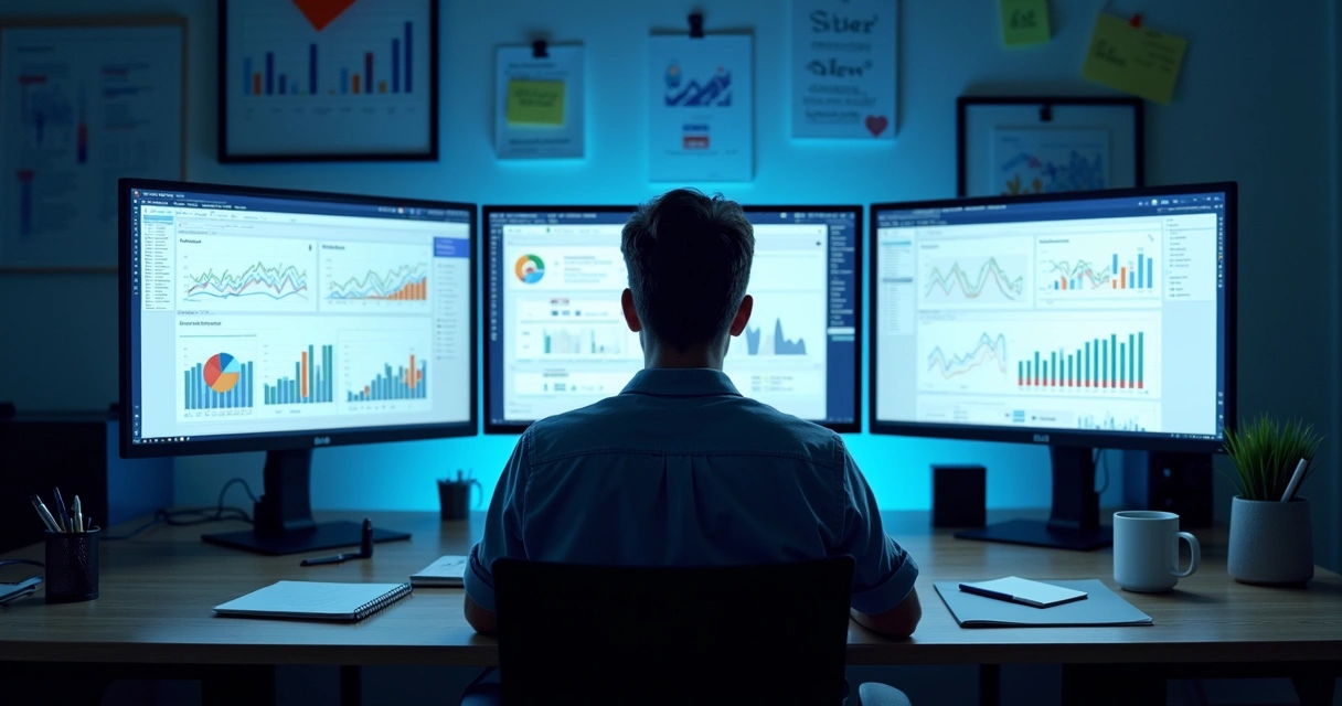 Profissional monitorando campanhas de anúncios em monitores múltiplos 