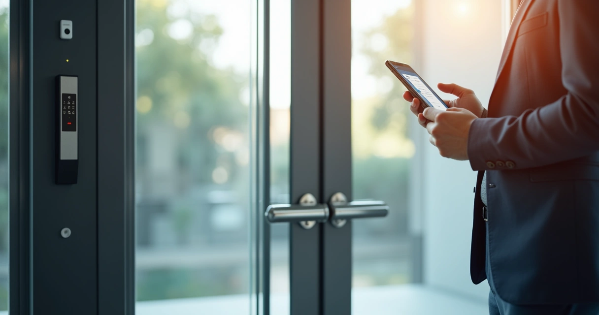 Pessoa controlando porta automática pelo smartphone 