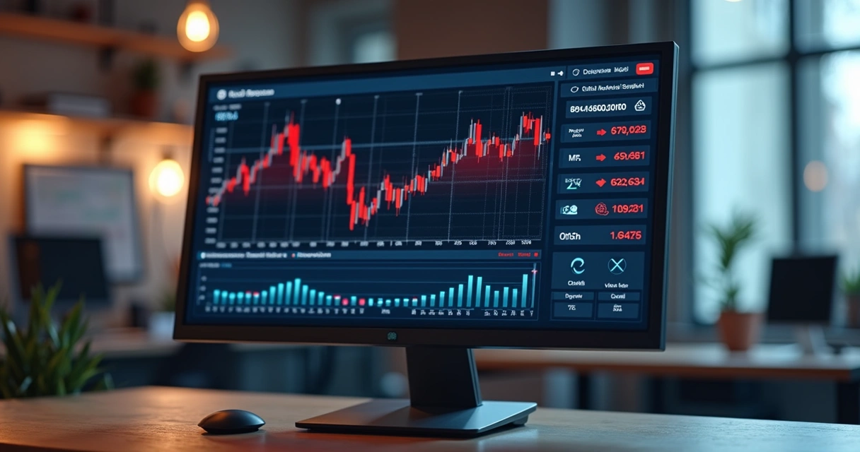 Tela de computador mostra gráficos de preços com destaques em pontos de violação 