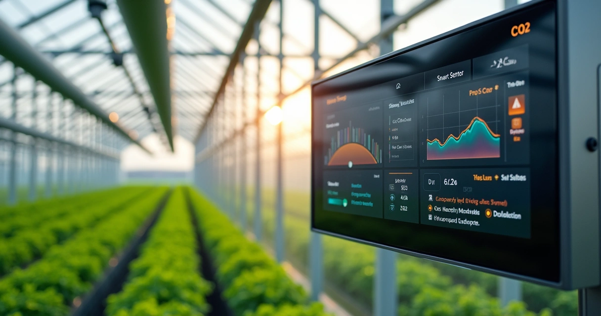 Painel de monitoramento preditivo de CO₂ com gráficos e alertas em ambiente industrial