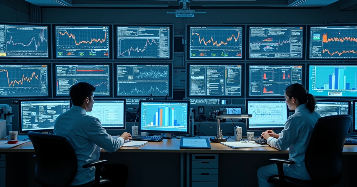 Sala de controle de laboratório com gráficos de previsão e sensores digitais. 