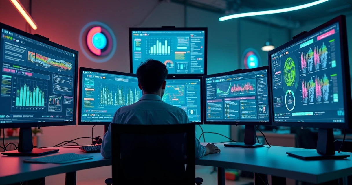 Profissional de TI monitorando múltiplas telas com sistemas de diagnóstico e gráficos de desempenho em ambiente de trabalho moderno 