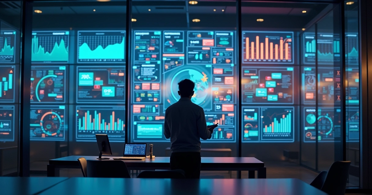 Profissional monitora painel digital de automação em tempo real. 